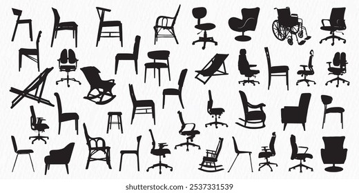 Extensive collection of various chair silhouettes, showcasing modern, classic, ergonomic, and specialized designs for diverse furniture themes