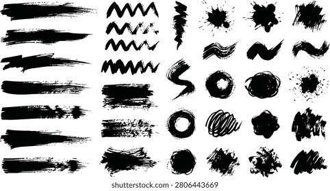 An extensive compilation of hand-painted black ink brushstrokes, splatters, and abstract shapes, ideal for adding artistic texture and dynamic effects to designs.