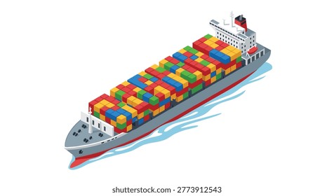 Extensive container ship loaded with numerous colorful cargo boxes sails across the blue ocean, symbolizing worldwide commerce and extensive supply chains.