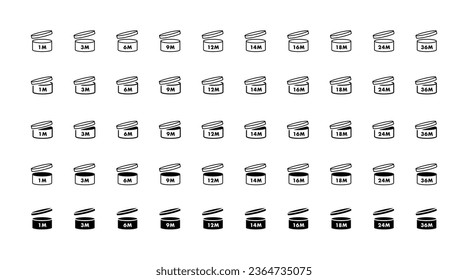 Extensive definitive set of PAO cosmetics icons. Period after opening symbol. Vector illustration.