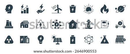 Extensive Energy and Power Glyph Icons Set - Sustainable, Renewable, and Traditional Power Vector Solid Symbols illustration