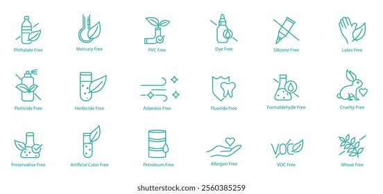 Extensive Free-From Icon Set – phthalate, Mercury, PVC, Dye, Silicon, Latex, Pesticide, Herbicide, Asbestos, Fluoride, Formaldehyde, Probiotic, Preservatives, Artificial Colors, Petroleum, Allergen 