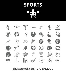 Extenso conjunto de iconos de siluetas en escala de grises que ilustran varias actividades atléticas. Equipo deportivo Ejercicios individuales y equipo necesario utilizado para guías de entrenamiento Desarrollo de Web o seguimiento de ejercicios