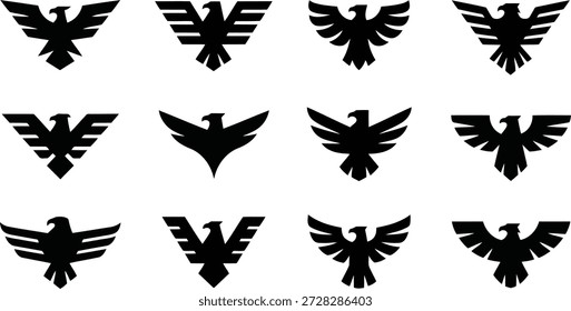 Uma extensa grade de doze logotipos de águia preta e fênix, ideal para marcas corporativas, símbolos poderosos ou elementos gráficos.