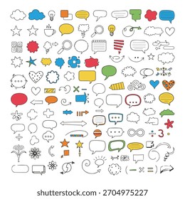 Extensa mano dibujada Doodle Vector Colección Iconos Formas Abstractas Flechas Burbujas de discurso para un diseño versátil
