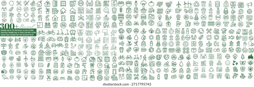 El extenso conjunto Horizontal presenta más de 300 iconos mínimos de líneas verdes que representan el reciclaje, el estilo de vida ecológico, el ESG, la acción climática y las energías renovables, ideales para paneles, presentaciones, infografías de Web e informes de sostenibilidad corporativa, modernos.