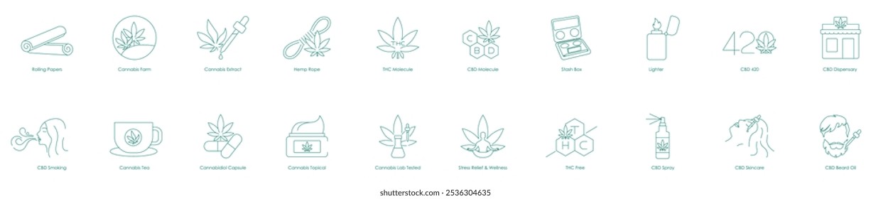 Conjunto extensivo de ícones cobrindo os papéis rolantes, elementos da fazenda de cannabis, moléculas de CBD e fundamentos dispensários para o cuidado holístico