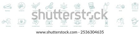 Extensive Icon Set Covering Rolling Papers, Cannabis Farm Elements, CBD Molecules, and Dispensary Essentials for Holistic Care