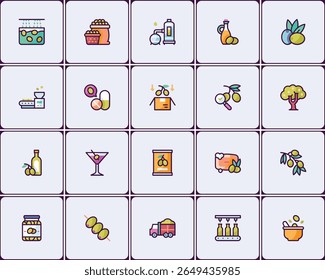 Extensive icon set representing the diverse uses of olives and olive products
