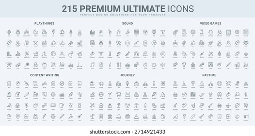 Video Amplio conjunto de iconos que muestran la creación de contenido, diseño de sonido, juegos, actividades de ocio y viajes. Incluye herramientas para la creatividad, la narración de historias, los juegos y los proyectos multimedia.