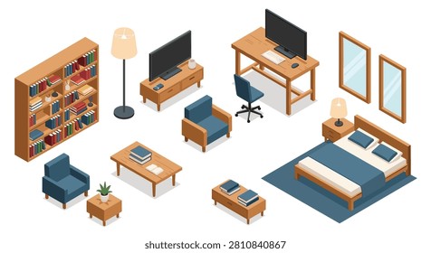 Extensive isometric collection of modern home furniture including a bed, desk, bookshelf, and cozy armchairs.