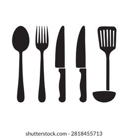 Extensive kitchen utensil set featuring diverse silhouettes of spoons forks knives and spatulas essential for food preparation and culinary tasks restaurant supply catering gear professional cooking accessories basic kitchenware tools black icons on isolated background.