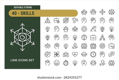 Extensive library of editable stroke line icons representing professional skills career development leadership creative thinking brainpower and business management expertise perfect for corporate training modules workshops and career coaching platforms.