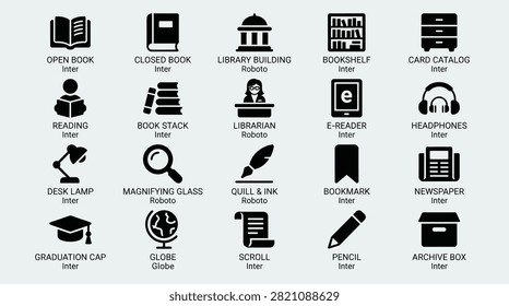Extensive library and education icon collection containing reading materials book stacks librarian figures bookshelves stationery items and academic symbols like graduation caps and globes. These icons are crafted in clean black solid style suitable for schools universities digital learning platforms and educational apps.