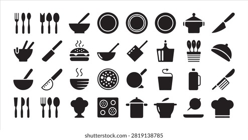 Extensive library featuring diverse kitchen implements dining supplies cutlery pans and food serving equipment icons.