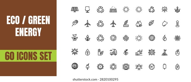 Extensive library featuring sixty distinct linear style icons dedicated to eco friendly practices and green energy concepts including symbols for wind solar water conservation waste reduction earth protection and sustainable development for professional design and web development projects
