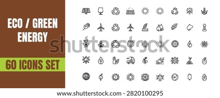 Extensive library featuring sixty distinct linear style icons dedicated to eco friendly practices and green energy concepts including symbols for wind solar water conservation waste reduction earth protection and sustainable development for professional design and web development projects