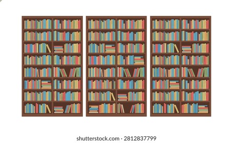 Extensive library interior featuring multiple wooden bookshelves packed with rows of colorful hardcover books and literary collections.