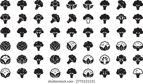 Extensive library of solid black vegetable icons showcasing diverse shapes of broccoli and cauliflower heads florets and leafy parts suitable for food labeling branding and digital design projects.