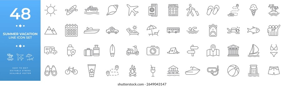 Extensive line icon set for summer vacation and leisure travel featuring beach activities transport camping gear and holiday essentials used in tourism and travel applications