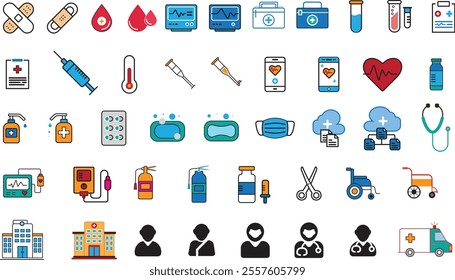 Extensive Medical Icon Set. Featuring Healthcare, Hospital Facilities, Medical Instruments, Ambulance Services, Pharmacy, and Patient Care Symbols in a Variety of Styles.