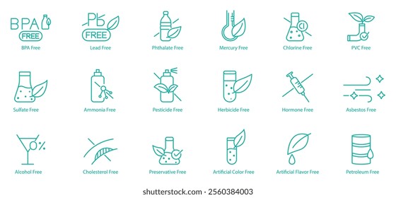 Extensive Non-Toxic Icon Set – BPA, Lead, Methylate, Mercury, Chlorine, PVC, Sulfate, Ammonia, Pesticide, Herbicide, Hormone, Asbestos, Alcohol, Cholesterol, Preservatives, Artificial Colors 