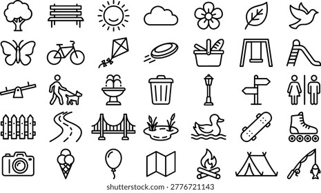 Extensive park and recreation line icons including trees, benches, playground slides, and outdoor lifestyle graphics for urban planning apps.