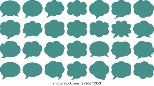 An extensive selection of communication icons, featuring various dark teal speech and thought bubble forms on a bright white canvas.