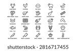 Extensive selection of minimal meat products icons featuring poultry varieties fish species shellfish types grilling equipment and kitchen cutlery for restaurant menus food packaging labels butcher shop signage and culinary website designs in thin line vector format.