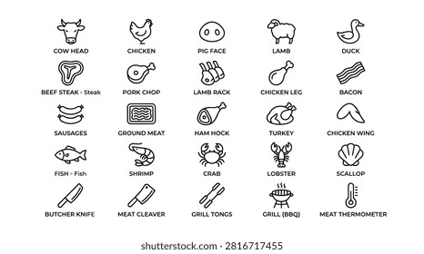 Extensive selection of minimal meat products icons featuring poultry varieties fish species shellfish types grilling equipment and kitchen cutlery for restaurant menus food packaging labels butcher shop signage and culinary website designs in thin line vector format.