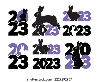 An extensive set of 2023 logos with rabbits. Flat illustration isolated on white background.