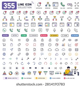 Extensive set of 355 diverse line icons in a grid layout with vibrant colors
