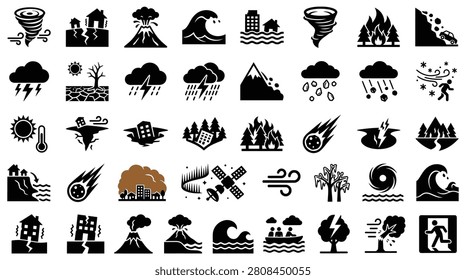 Extensive set of 40 natural disaster icons including earthquake, tsunami, volcano eruption, wildfire, tornado, hurricane, flood, landslide, drought, thunderstorm, and meteor impact pictograms.