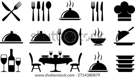 Extensive set of black and white icons for culinary themes, showcasing dining essentials, chef wear, and table arrangements.