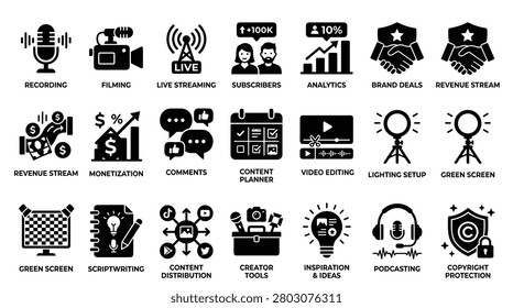 Extensive set of creative tools and social media production vector icons covering podcasting filming monetization analytics brand deals lighting setup editing and copyright protection for video content creators influencers and digital marketing professionals in bold solid fill style.