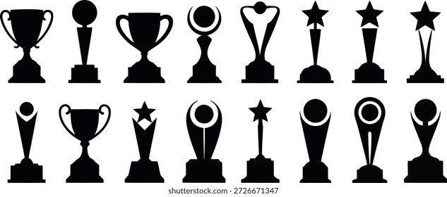 Amplio conjunto de diversos trofeos negros e iconos de premios, que transmiten el éxito, los logros y el reconocimiento en contextos competitivos y profesionales.