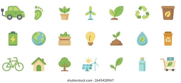 Extensive Set of Diverse Flat Design Icons Focusing on Eco-Friendly Themes and Environmental Sustainability for Digital Platforms