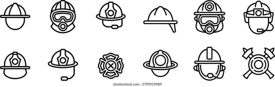Extensive set of firefighter protective gear icons including various helmet styles goggles and masks. Perfect for emergency service branding safety manuals and fire department illustrations on transparent background grid.