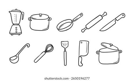 Extensive Set of Hand-Drawn Kitchen Utensils and Appliances for Cooking and Baking Themes
