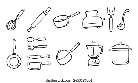 Extensive Set of Hand-Drawn Kitchen Utensils and Appliances for Cooking and Baking Themes