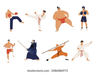 Un extenso conjunto de Vectores de artes marciales sobre fondo blanco, desde karate hasta sumo. Atletas vestidos con ropas tradicionales muestran técnicas de lucha