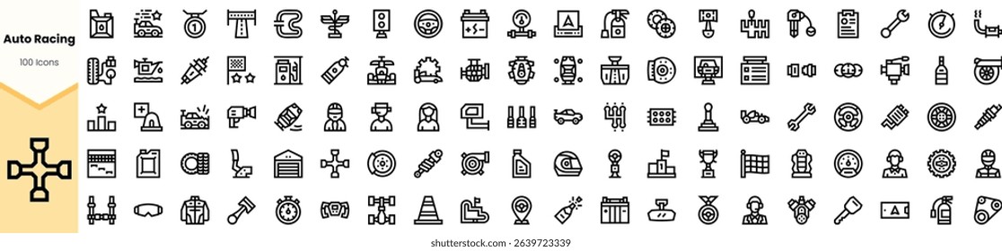 An extensive set of monochromatic icons representing various elements of auto racing, including cars, trophies, tools, and racing symbols.