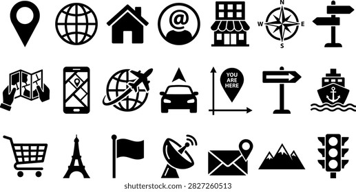 Extensive set of navigation and location icons featuring maps globes compass store buildings transportation and road signs suitable for travel apps and map design elements
