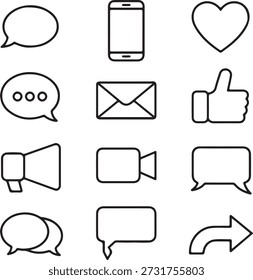 Um amplo conjunto de ícones de tópicos para comunicação digital e mídia social, incluindo bate-papo, telefone, como, e-mail, megafone e vídeo.