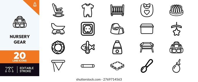 Extensive set of professional line icons representing various nursery essentials and baby care products for parents.