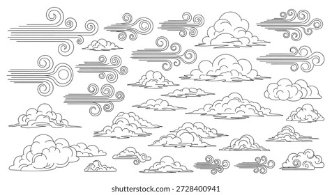 Extenso conjunto de nuvens estilizadas desenhadas à mão e símbolos de vento em espiral em uma estética minimalista de arte em linha preta e branca.