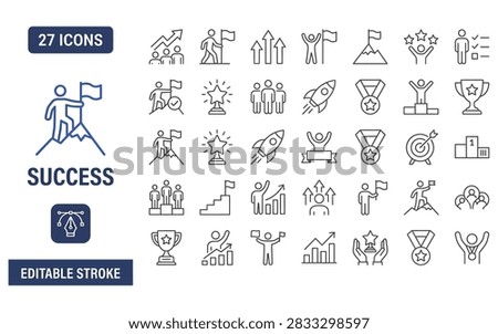 Extensive set of twenty seven outline vector icons featuring climbing mountains winning trophies reaching targets and achieving professional success milestones for corporate growth.