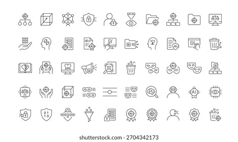 Un extenso conjunto de iconos vectoriales que ilustran conceptos de ética de datos de IA como privacidad, anonimización, equidad, transparencia, responsabilidad, creados en estilo de línea con trazo editable