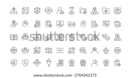 An extensive set of vector icons illustrating AI data ethics concepts such as privacy, anonymization, fairness, transparency, accountability, created in line style with editable stroke