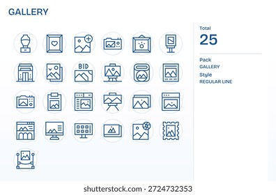 Um conjunto extenso de 25 ícones de Linha Regular que capturam o Gallery, prontos para qualquer fluxo de trabalho.